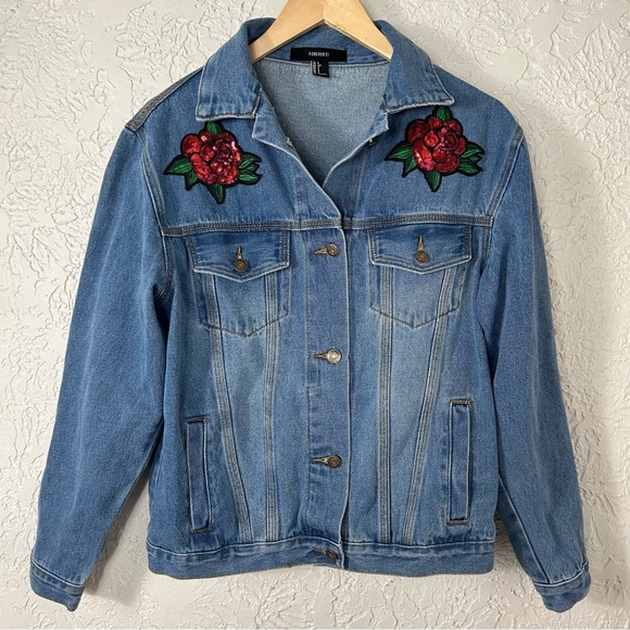 *SOLD*Forever 21 | Oversized Rose Embroidered Patch Denim Jacket - Picture 3 of 13